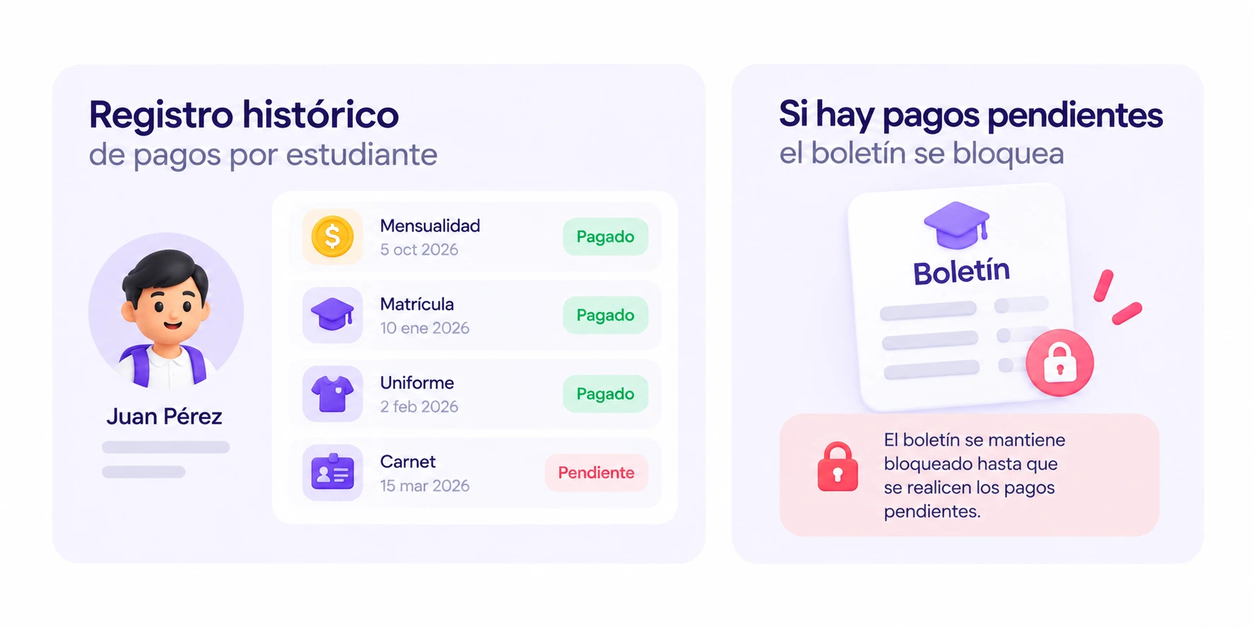 Historial de pagos del colegio en SimiAula y boletín bloqueado por un pago pendiente.